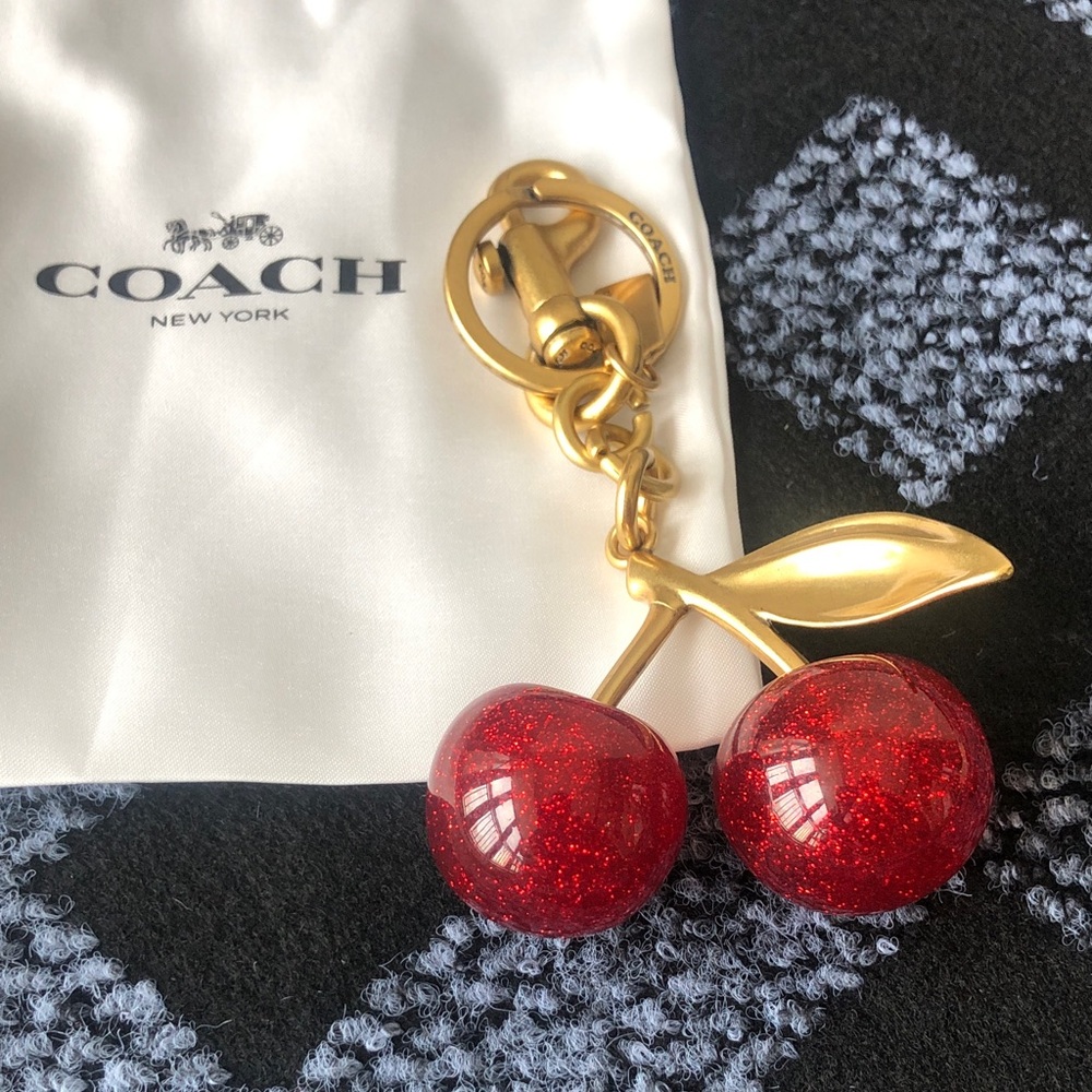 Coach Red Glitter Cherry Keychain with Gold Hardware
